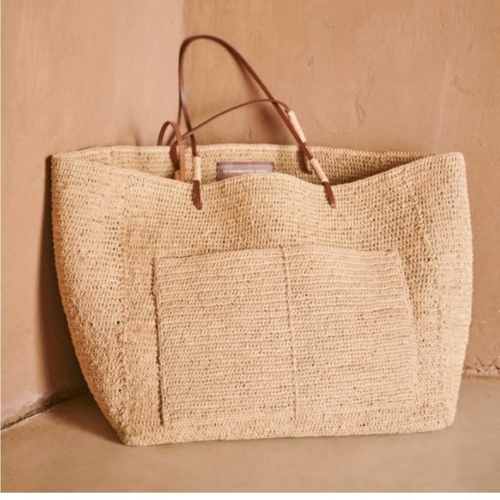 Sezane Paloma Bag Natural Crochet Straw Tote with Brown Leather Handles